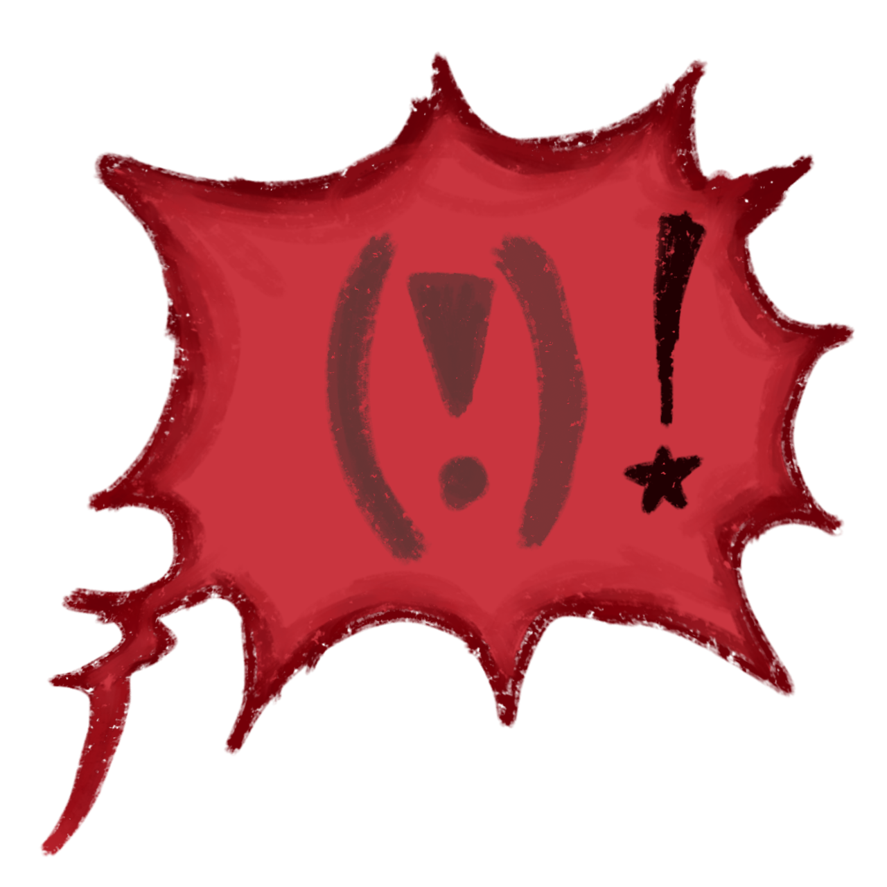 a red spiky speech bubble with a black exclamation point inside it there's parentheses and an exclamation point in the shape of a vulva '(!)'